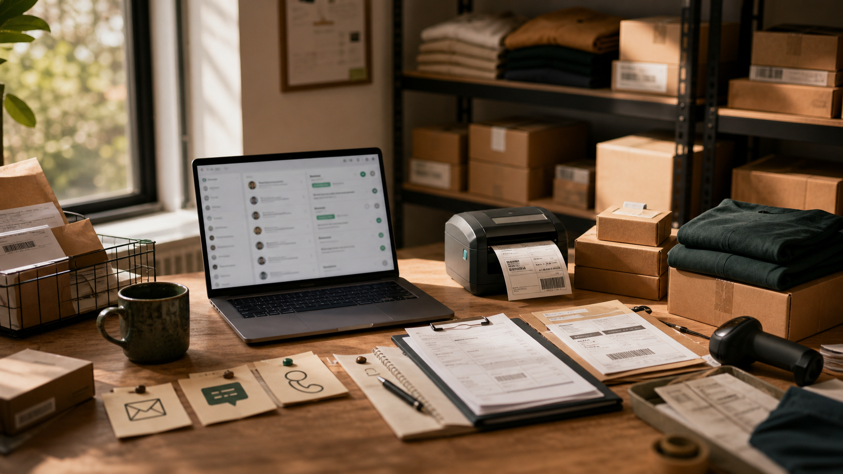 Editorial illustration of ecommerce helpdesk operations with inbox trays, customer records, parcels, and escalation board